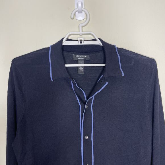 NORDSTROM Tech Smart Blue Merino Wool Button Up Sweater Collared Cardigan Sz M - Picture 2 of 8